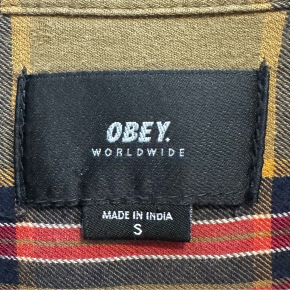 Obey Shirt Mens Small Plaid Button Down Fall Autumn Long Sleeve Brown Red Black - Picture 7 of 9